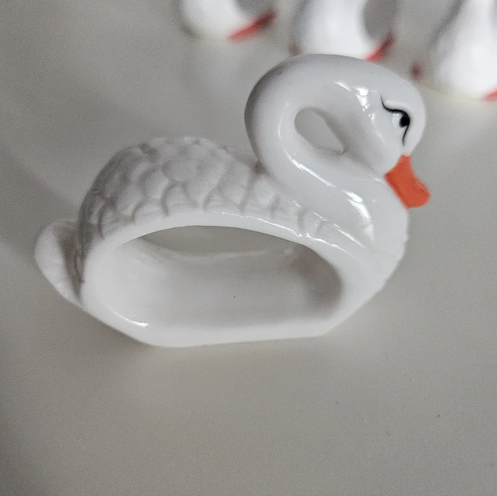 Swan & Ducks White Ceramic Napkin Rings x 6